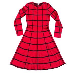 Cocobleu Womens Red Black Windowpane‎ Grid Long Sleeve Sweater Dress S
